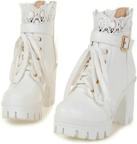 Miniatura 5 de BEAUPAS Botas de tacón alto con plataforma gruesa para mujer, botines góticos con cordones, tacón de bloque y hebilla, Blanco