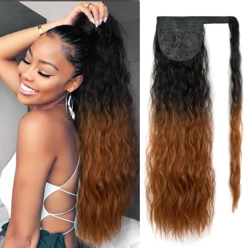 Miniatura 11 de rosmile Extensión de cola de caballo con ondas de maíz, alrededor de 26 pulgadas de largo, rizada, ondulada, extensión de cola de caballo sintética