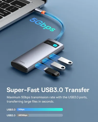 Miniatura 5 de Baseus Adaptador USB C a HDMI, estación de acoplamiento USB C 4K a 60Hz, concentrador USB C 7 en 1 con 3 USB-A, PD 100W, lector de tarjetas TF/SD