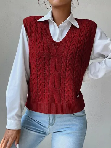Miniatura 3 de Chaleco casual de punto trenzado con cuello en V para mujer, color liso, sin mangas, chaleco para mujer