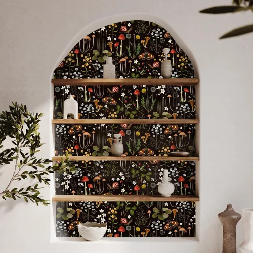 Miniatura 6 de Papel de contacto Boho negro de despegar y pegar con diseño de setas/caracoles/flores silvestres/mariposas, papel pintado extraíble decorativo