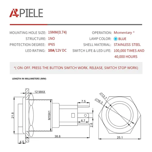Miniatura 2 de Interruptor de botón momentáneo de 0.79 pulgadas, interruptor APIELE 10A 1NO de acero inoxidable IP65 a prueba de agua (12-24 V LED redondo alto)
