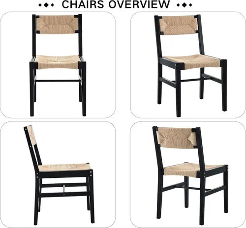Miniatura 7 de Juego de 2 sillas de comedor de ratán modernas de mediados de siglo, sillas de cocina de madera de haya negra, sillas de comedor tejidas de granja