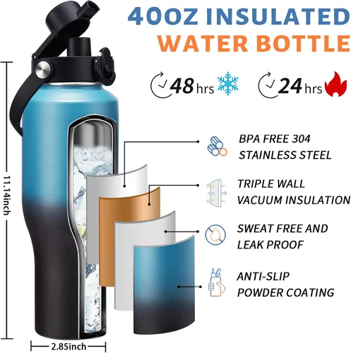 Miniatura 3 de Botella de agua aislada de 40 onzas con pajita que cabe en el portavasos del automóvil - Botella de agua de metal con pajita, tapa de boquilla