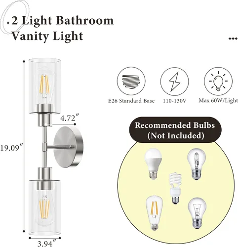 Miniatura 5 de Accesorios de Iluminación de Baño 2 Luces Níquel Cepillado, Luces de Tocador de Baño Sobre Espejo, Apliques de Pared de Iluminación de Baño, Luz
