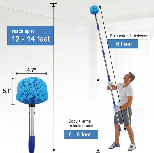 Miniatura 4 de Plumero, Plumero de Telaraña con Palo Extensible, Cabeza de Cerdas Medias Rígidas para Telarañas y Palo de Acero Inoxidable de 6 Pies