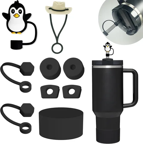 Stanley Set de accesorios para taza: tapa de silicona a prueba de derrames, tapa con pajita, protector de silicona para vaso de 40 oz y 30 oz (NEGRO)
