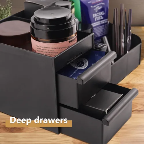 Miniatura 3 de Organizador de tocador negro con cajones – Caja grande de almacenamiento para hombres en encimera para colonia, cuidado de la piel, maquillaje