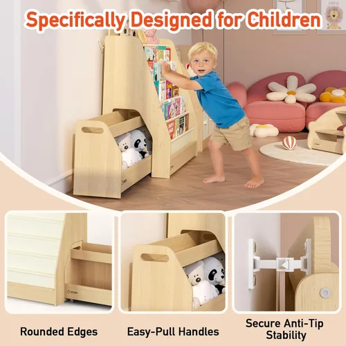 Miniatura 6 de FKWin Estantería infantil 2 en 1 y almacenamiento de juguetes de 5 niveles con carrito rodante, almacenamiento oculto para guardería, sala