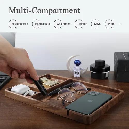 Miniatura 3 de Bandeja de valet de madera de nogal, organizador de mesita de noche para hombres, papá, bandeja Edc Catch All con ranura para cable
