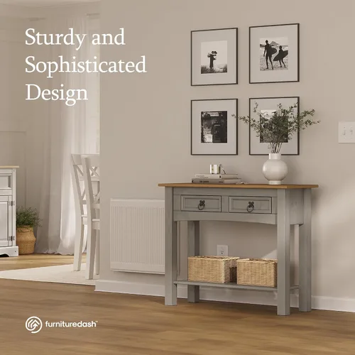 Miniatura 3 de Furniture Dash Mesa Consola de Pasillo de Madera Maciza 34.49" An, 12.64" Pr, 28.82" Al - Mesa de Entrada Estilo Granja con 2 Cajones, Oficina Gris