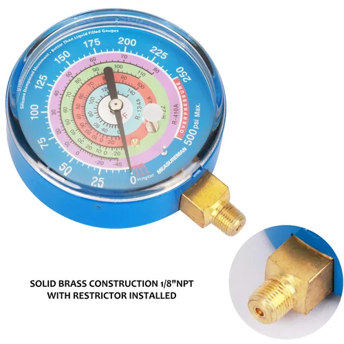 Miniatura 7 de MEASUREMAN Medidor de presión para refrigeración, esfera de 3-1/8", esfera azul, montaje inferior de 1/8" NPT, 30inHg-0-250psi, rango retardado
