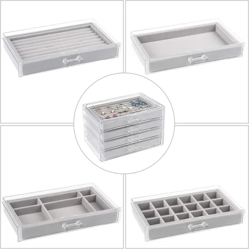 Miniatura 4 de Weiai Organizador de joyas acrílico caja de joyería transparente con 4 cajones vitrina de terciopelo para almacenamiento aretes anillos collares