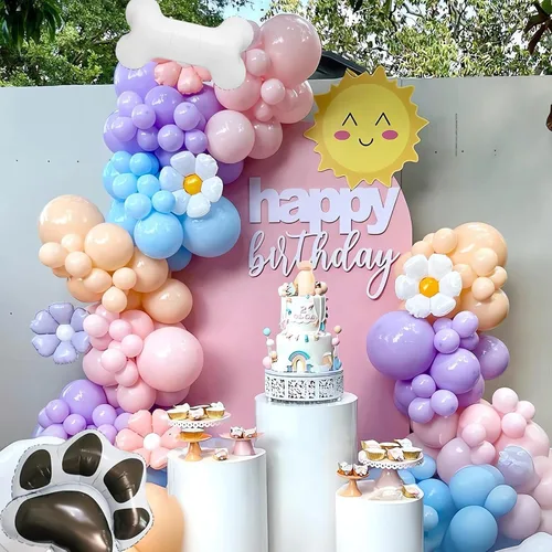 Miniatura 6 de Kit de arco de globos azules 140 piezas azul pastel rosa morado rubor globos con margarita hueso pata de perro globos de papel de aluminio