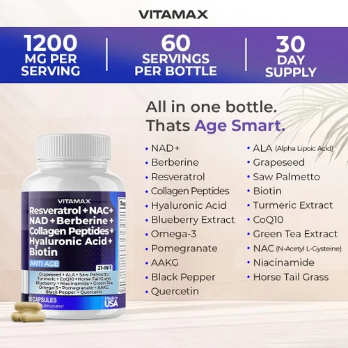 Miniatura 2 de Resveratrol NAD+ Berberina ácido hialurónico – Biotina Uva y Arándano + NAC – Péptidos de colágeno – Suplemento para cabello, uñas, piel