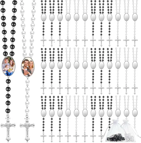 Taiyin Blanks - Juego de collar de cuentas de rosario católico para imprimir, collar de cuentas de oración con bolsas de organza transparente para