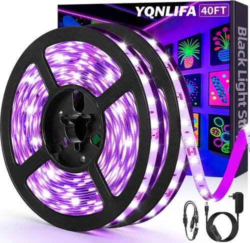 YQNLIFA Tira de luz negra de 40 pies, luz negra flexible y adhesiva, 720 LED, luz negra para Halloween, fiesta de neón, cumpleaños, exhibición de