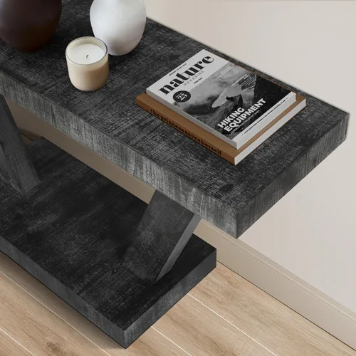 Miniatura 4 de Henf Mesa consola de 60 pulgadas moderna de madera para sofá de entrada detrás del sofá con base de soporte triangular para pasillo, entrada, sala