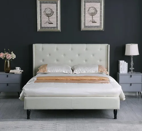 Miniatura 8 de Base de cama de plataforma tapizada Queen con cabecera de 45 pulgadas y base ajustable, cama de lino con botones copetudos, soporte de listones