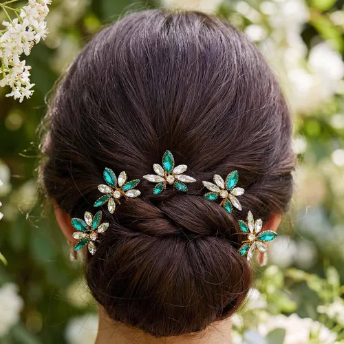 Miniatura 7 de Yokawe Horquillas para el pelo de boda con diamantes de imitación, horquilla de novia con purpurina de cristal verde, elegante tocado formal