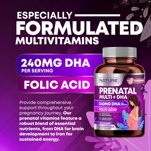 Miniatura 5 de Vitaminas prenatales para mujeres - Multivitamínico con DHA, ácido fólico, vitamina C, B12, hierro y Omega-3 - Suplemento antes, durante y después