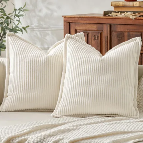 Miniatura 8 de Mecatny Juego de 2 fundas de almohada de pana de 16 x 16 pulgadas, fundas decorativas neutrales suaves de estilo bohemio para sofá y sala de estar