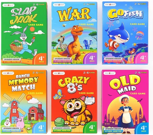 Paquete mejorado de juegos de cartas para niños, 6 cubiertas, Go Fish, Old Maid, Crazy Eights, Memory Match, Slap Jack, War, Jugar a las cartas,