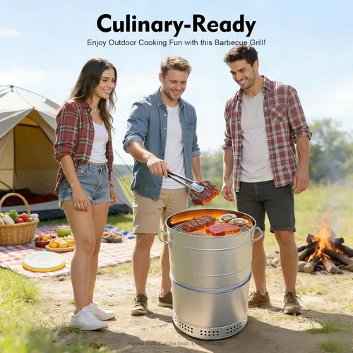 Miniatura 8 de Barbacoa portátil grande sin humo, parrilla de acero inoxidable, cubo vertical de carbón con calefacción de 360° y parrilla para picnic y campamento