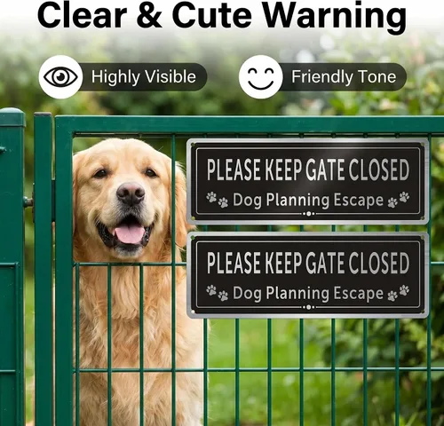 Miniatura 3 de Paquete de 2 letreros de metal con texto en inglés «Please Keep Gate Closed» (Please Close the Gate Closed), diseño de perro de escape, aluminio