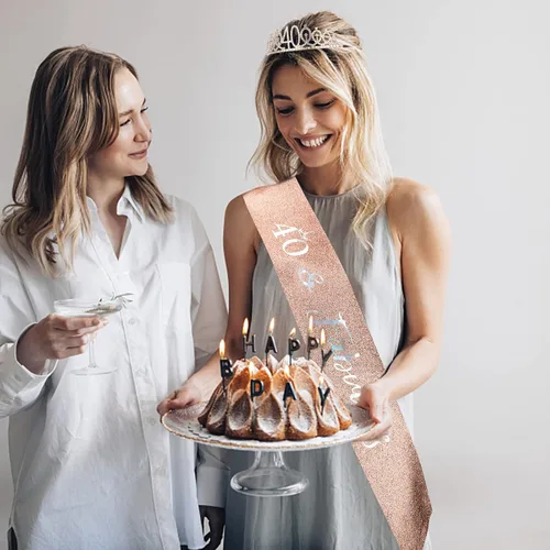Miniatura 5 de Kit de corona de banda y diamantes de imitación para cumpleaños número 40, regalos de cumpleaños número 40 para mujeres (AB oro rosa)