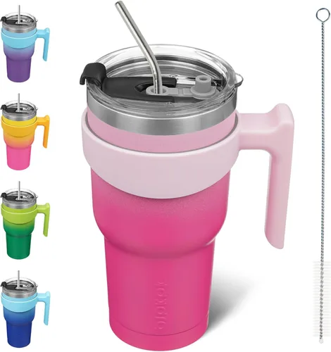 Miniatura 54 de BJPKPK Vaso con asa de acero inoxidable de 20 onzas, con aislamiento de doble pared, con tapa y pajita, color rosa claro A-rosa claro