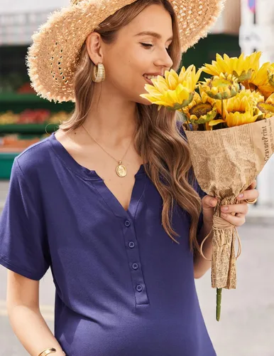 Miniatura 2 de Ekouaer Camisón de enfermería a rayas para mujer, manga corta, vestido de dormir para lactancia materna, partobata de trabajo