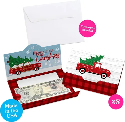 Miniatura 3 de Big Dot of Happiness Merry Little Christmas Tree – Juego de 8 portatarjetas de regalo y dinero para fiestas de Navidad para camión rojo y coche