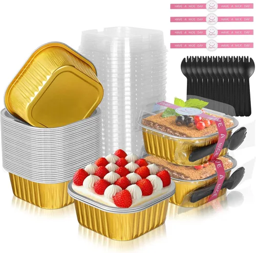 Mini moldes para pasteles de 10 oz con tapas, paquete de 40 moldes de papel de aluminio para brownies, moldes desechables tipo ramekins para Dorado