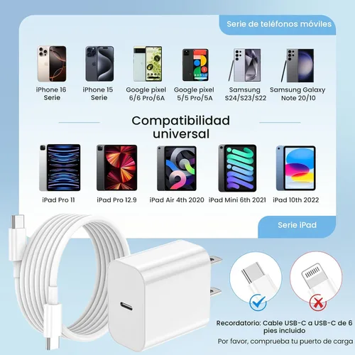 Miniatura 6 de Cargador de iPhone de carga rápida, paquete de 3 cargadores USB C de 20 W para iPhone 17 16 15 con cable USB C de 60 W, 6 pies para iPhone 17 Pro