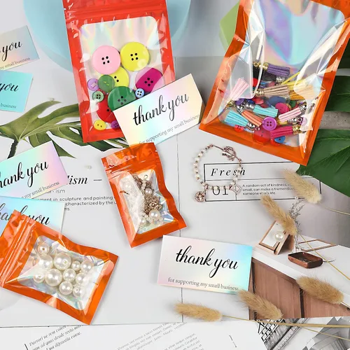 Miniatura 21 de 120 bolsas de tereftalato de polietileno a prueba de olores, bolsa de embalaje holográfica resellable con ventana transparente para alimentos