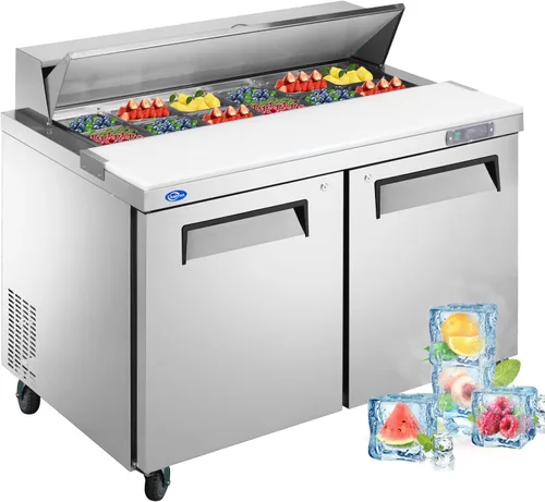 Miniatura 14 de Refrigerador comercial de 3 puertas de 72 pulgadas de ancho, mesa de preparación de ensaladas, refrigerador de acero inoxidable con tabla de cortar