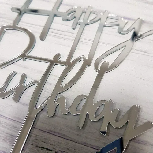 Miniatura 3 de Decoración de pastel de feliz cumpleaños para decoraciones de fiesta de cumpleaños (acrílico plateado espejo)