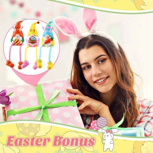 Miniatura 7 de 3 piezas Estatuillas de gnomos de conejo de Pascua con patas colgantes; decoraciones de resina de Pascua, figuras para adornos de estante