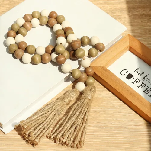 Miniatura 3 de Meplait - Guirnalda de cuentas de madera, 39 pulgadas con borlas estilo granja para decoración de bandejas superpuestas Café y Natural