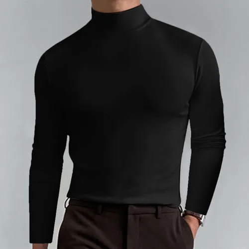 Miniatura 3 de Camisetas de cuello alto para hombre, estilo casual, ligeras, básicas, de algodón, de manga larga, cuello alto falso