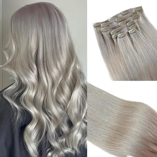 Miniatura 45 de Extensiones de cabello rubio ceniza con reflejos, extensiones de cabello humano real con clip, de 12 pulgadas, 2.47 onzas, doble trama, invisible