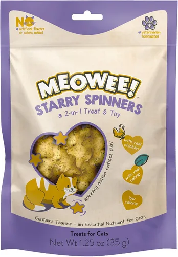 MEOWEE! Starry Spinners - Golosina para gatos, 1.25 onzas, regalo 2 en 1 y juguete hecho con pollo real, hígado de pollo y hierba gatera, fomenta la