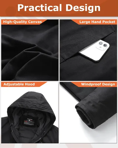 Miniatura 6 de Venustas 12V Men's Dual-Control Heated Canvas Jacket with Battery, Winter Heated Work Jacket, Electirc Heated Hoodie Jacket