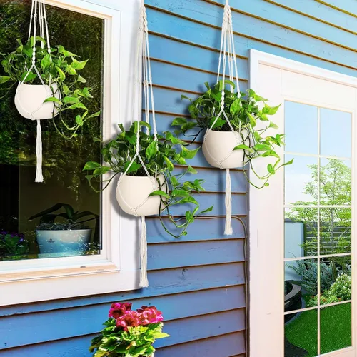 Miniatura 7 de MIPON - Paquete de 3 perchas de macramé para interiores con 3 ganchos, soporte para macetas colgantes para plantas, tamaños de 46"/41"/34