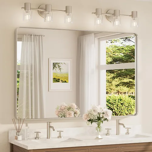 Miniatura 44 de TETOTE Espejo de marco dorado cepillado de 16 x 24 pulgadas, espejo de tocador de baño de latón dorado para pared, espejo enmarcado rectangular