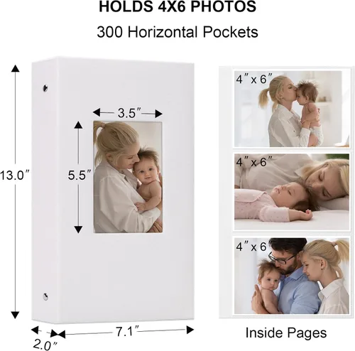 Miniatura 6 de Vienrose - Álbum de fotos de lino con 300 bolsillos de 4 x 6 pulgadas, cubierta de tela, para bodas, familias, aniversarios y bebés Blanco