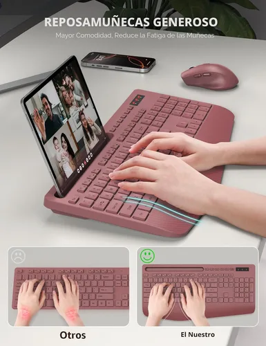 Miniatura 2 de Combo de teclado y ratón inalámbrico - Teclado ergonómico de tamaño completo con reposa muñecas, soporte para teléfono, modo de suspensión, combo