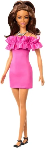 Miniatura 8 de Muñeca Barbie Fashionistas #215 con pelo liso negro, top estampado de estrellas rosas y falda iridiscente, juguete coleccionable del 65 aniversario