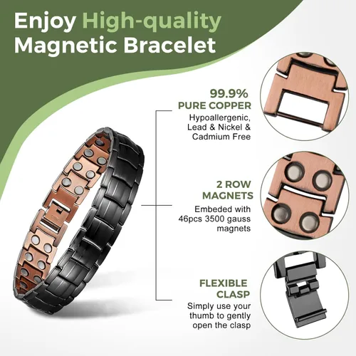 Miniatura 2 de Pulseras magnéticas de cobre para hombre de MagEnergy, pulsera de cobre 99.9% puro con imanes de doble fila, joyería ajustable con herramienta